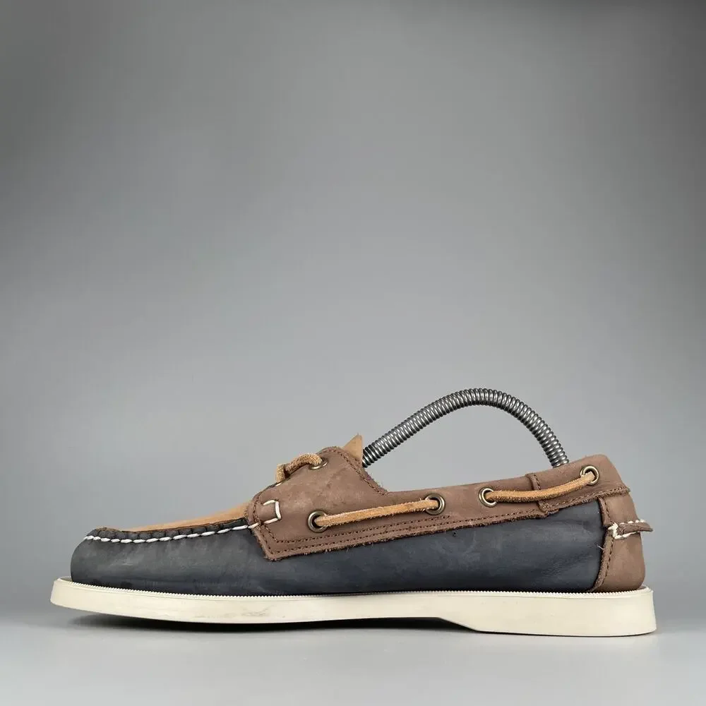 Sebago Authentic Men's 8.5 Navy Brown Leather Lace Up Loafers Boat Shoes Casual
